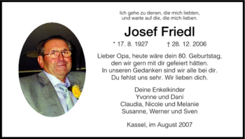 Todesanzeige von Josef Friedl von HNA