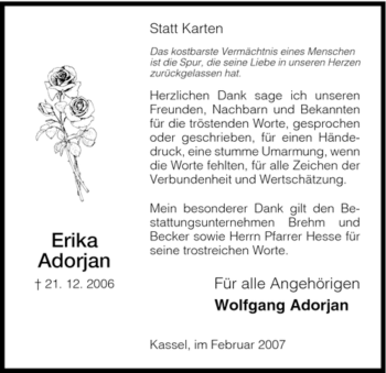 Todesanzeige von Erika Adorjan von HNA