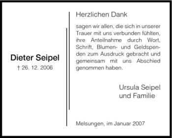 Todesanzeige von Dieter Seipel von HNA