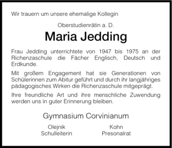 Todesanzeige von Maria Jedding von HNA