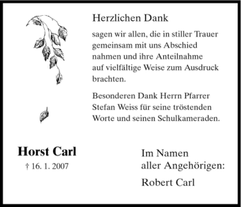 Todesanzeige von Horst Carl von HNA