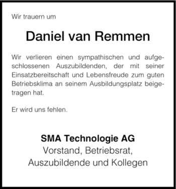 Todesanzeige von Daniel van Remmen von HNA