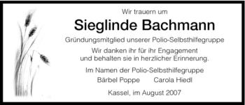 Todesanzeige von Sieglinde Bachmann von HNA