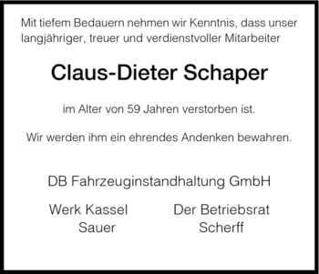 Todesanzeige von Claus-Dieter Schaper von HNA