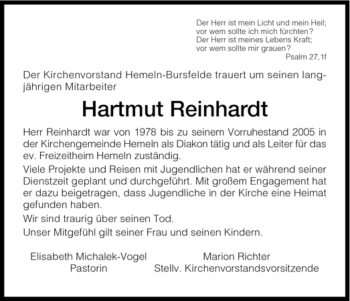 Todesanzeige von Hartmut Reinhardt von HNA