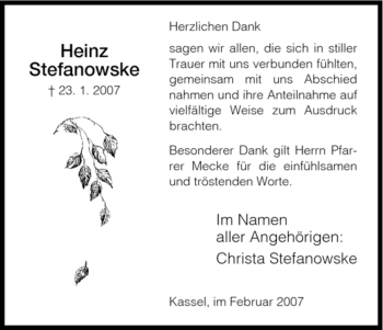 Todesanzeige von Heinz Stefanowske von HNA