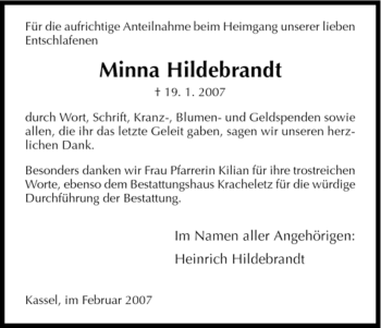 Todesanzeige von Minna Hildebrandt von HNA