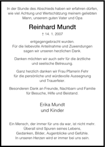 Todesanzeige von Reinhard Mundt von HNA