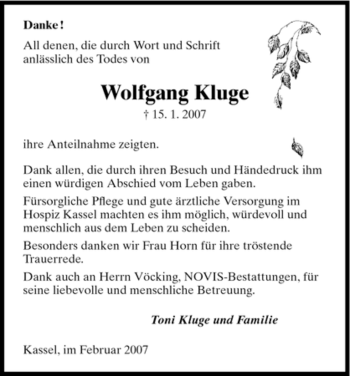 Todesanzeige von Wolfgang Kluge von HNA