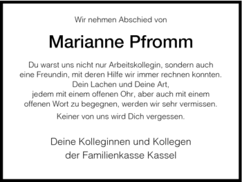 Todesanzeige von Marianne Pfromm von HNA