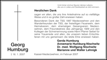 Todesanzeige von Georg Humburg von HNA