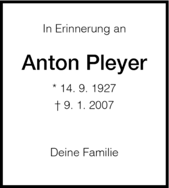 Todesanzeige von Anton Pleyer von HNA