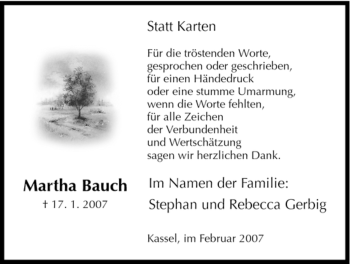 Todesanzeige von Martha Bauch von HNA