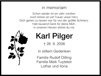 Todesanzeige von Karl Pilger von HNA