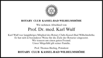 Todesanzeige von Karl Wulf von HNA