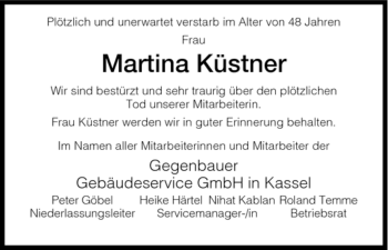 Todesanzeige von Martina Küstner von HNA