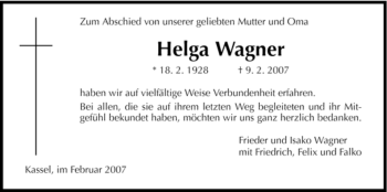 Todesanzeige von Helga Wagner von HNA