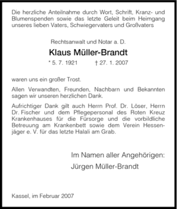 Todesanzeige von Klaus Müller-Brandt von HNA