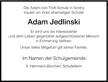 Todesanzeige von Adam Jedlinski von HNA