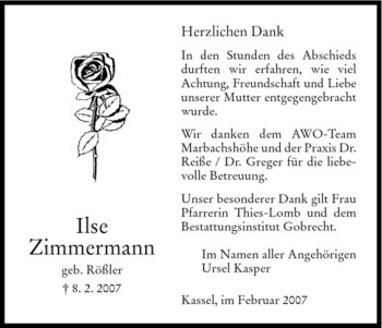 Todesanzeige von Ilse Zimmermann von HNA