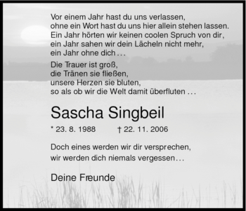 Todesanzeige von Sascha Singbeil von HNA