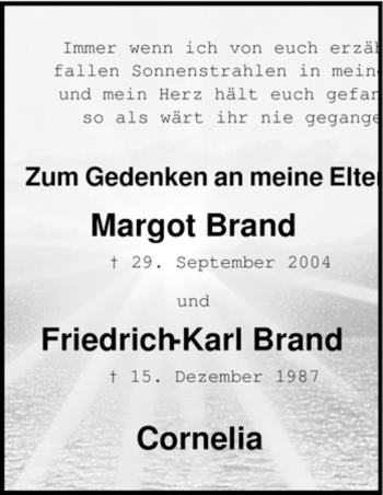 Todesanzeige von Margot & Friedrich-Karl Brand von HNA