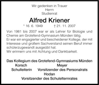 Todesanzeige von Alfred Kriener von HNA