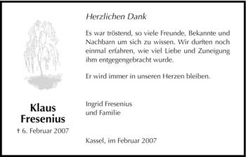 Todesanzeige von Klaus Fresenius von HNA