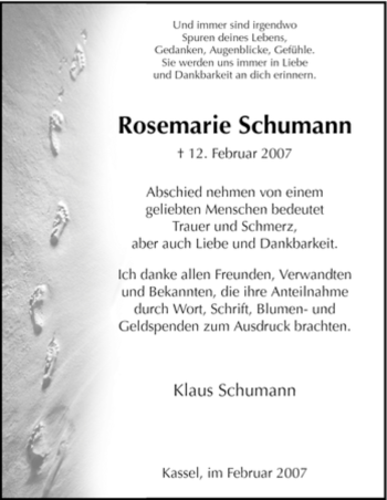 Todesanzeige von Rosemarie Schumann von HNA