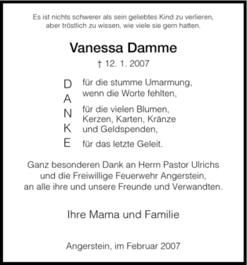 Todesanzeige von Vanessa Damme von HNA