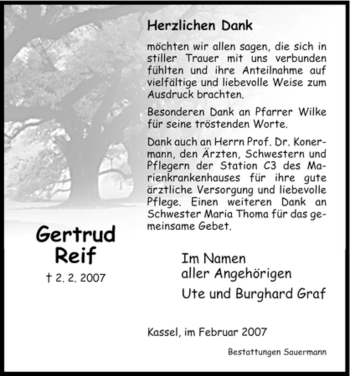 Todesanzeige von Gertrud Reif von HNA