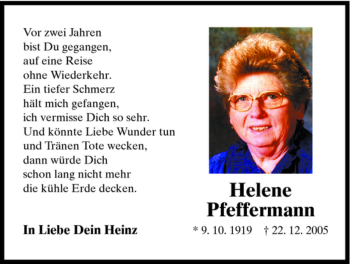 Todesanzeige von Helene Pfeffermann von HNA