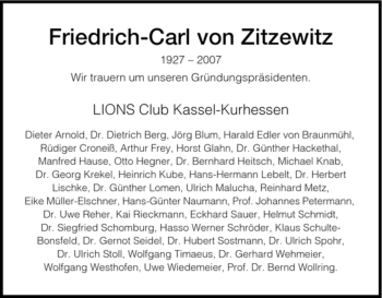 Todesanzeige von Friedrich-Carl von Zitzewitz von HNA