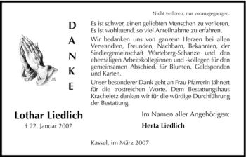 Todesanzeige von Lothar Liedlich von HNA