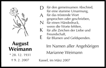 Todesanzeige von August Weimann von HNA