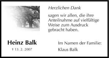 Todesanzeige von Heinz Balk von HNA