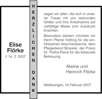 Todesanzeige von Elise Floerke von HNA