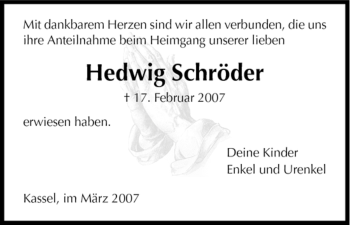 Todesanzeige von Hedwig Schröder von HNA