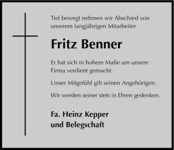 Todesanzeige von Fritz Benner von HNA