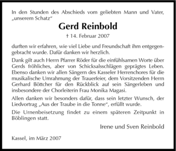 Todesanzeige von Gerd Reinbold von HNA