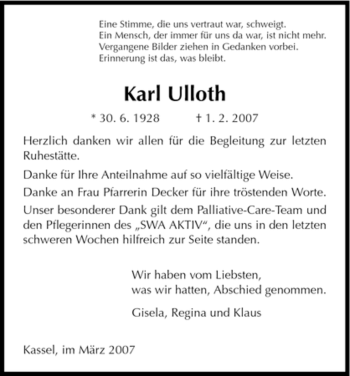 Todesanzeige von Karl Ulloth von HNA