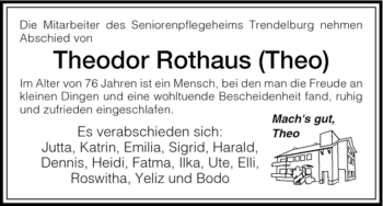Todesanzeige von Theodor Rothaus von HNA