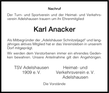 Todesanzeige von Karl Anacker von HNA