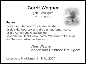 Todesanzeige von Gerrit Wagner von HNA