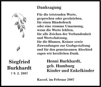 Todesanzeige von Siegfried Burkhardt von HNA