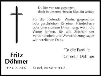 Todesanzeige von Fritz Döhmer von HNA