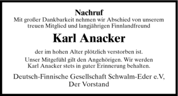 Todesanzeige von Karl Anacker von HNA