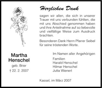 Todesanzeige von Martha Henschel von HNA