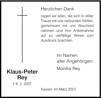 Todesanzeige von Klaus-Peter Rey von HNA