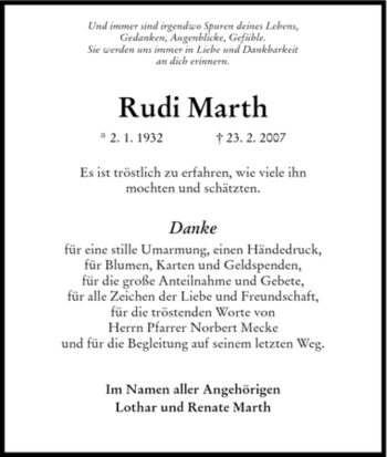 Todesanzeige von Rudi Marth von HNA